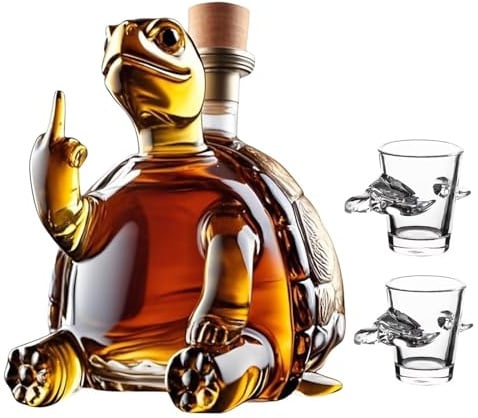 EDXTNKQC Whiskey Decanter - Art Statue, 11.8 Oz / 350 Ml Middle Finger Turtle Whiskey Bottle Sculpture, Beautiful Glass Animal Decanter Figurine With 2/4 Glass, Wine Dispenser(Turtle+2water cups)