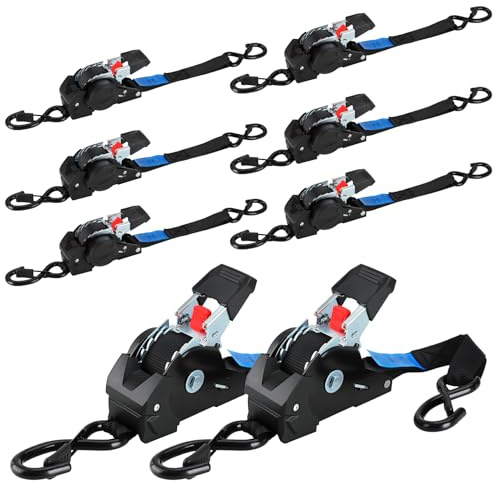 8 Pack Retractable Ratchet Straps, 3m x 25mm Auto-Retract Tie Downs with Safety Clips and S Hooks, 750kg Breaking Strength, Heavy-Duty Automatic Tensioning Belts for Securing Cargo, Trailers, Black