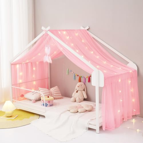 ZIQINPSQ Betthimmel, Betthimmel, Bettvorhänge für Mädchen und Jungen, durchsichtiger Bettschal, Kinderzimmer, Montessori-Hausbett, Metallbodenbett für Einzelbett, Doppelbett, Dekoration (Rosa)