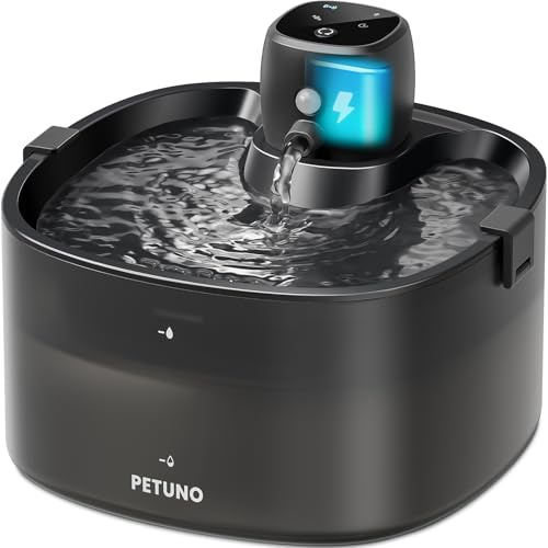 PETUNO 2,3L Katzenbrunnen Kabellos Batteriebetrieben, Schwarz | 4000mAh-Akku, Bewegungsmelder, Ultraleise Pumpe, Verriegelbarer Deckel, Automatischer Trinkbrunnen für Katzen