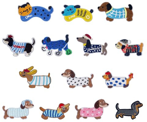 Ovanda 14 Stück Aufbügel Patches Dackel, Bügelbilder für Textilien, kleine Bügelbilder, Niedliche Hunde Applikation, Dackel Kollektion Bügelsticker für Jeans, Kleidung, Hut, Rucksack, Leinwand