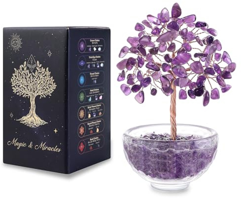 MAGIC AND MIRACLES Améthyste Arbre en Cristal Naturel Feng Shui Bonsaï Arbre de Vie Pierres de Guérison Reiki Chakra Décoration Maison Bureau Porte Bonheur Cadeau Spirituel Base Verre 11 cm