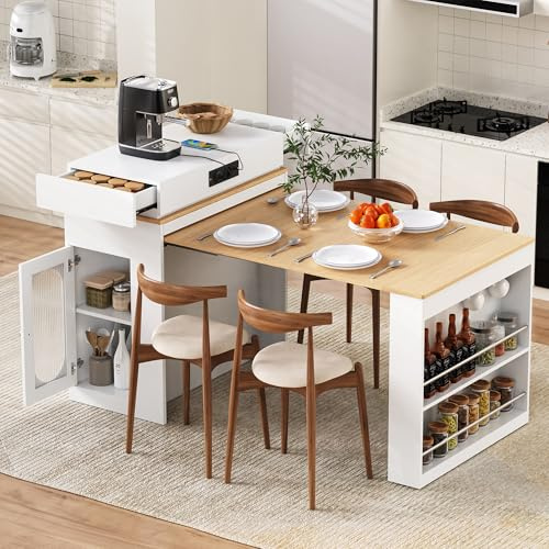 Bladez Isola cucina con ruote, tavolo da pranzo allungabile con tavolo pieghevole, tavolo da bar con vano portaoggetti cassetti e ciabatte, credenza per cucina sala da pranzo (bianco-E)