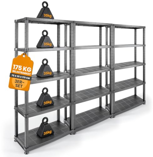 Kreher® Kunststoffregal „Evo“ mit 5 Böden - Steckregal für Haushalt, Keller & Garage - Standregal, Lagerregal & Aufbewahrungsregal - Schwarz oder Grau - Set auswählbar (Grau, 3)