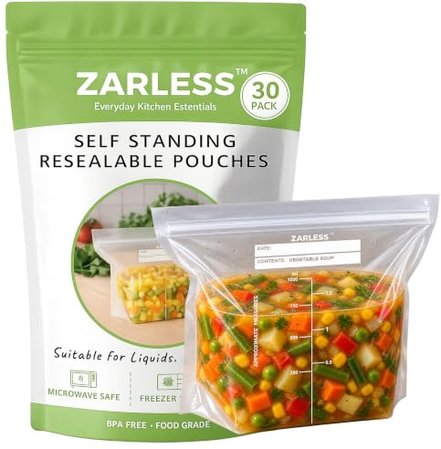 ZARLESS 30 Resealable Soup Bags for Freezer, Heavy Duty, BPA-Free, 1L | Self-Standing, Clear Freezer Food Bags, Leakproof Sealed Bags for Sauce, Stew & Liquid Food, Freezer Pouches, Microwave-Safe