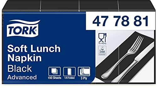 Tork 477881 Soft Lunchservietten Schwarz 1/8 Falz / 3-lagige, vorgefaltete Servietten für kleine Gerichte oder Snacks / Advanced Qualität / 10 x 150 (1500) Papierservietten / 32,6 x 33 cm (B x L)