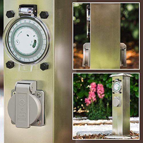 Außensteckdose eckig: Gartensteckdose aus Edelstahl, mit 24 Stunden Zeitschaltur und 2 Steckdosen mit Klappdeckeln zur Festinstallation, Mehrfachsteckdose für draußen, IP 44