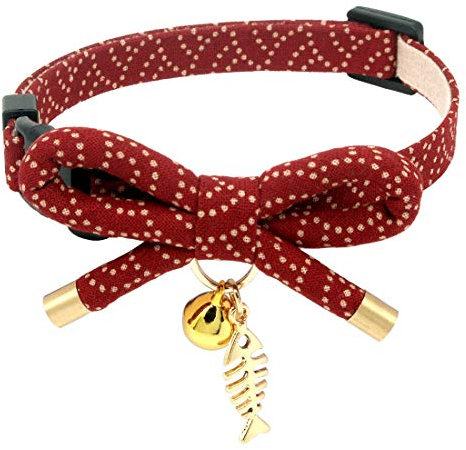 PetSoKoo Niedliches Katzenhalsband mit Fliege und Glöckchen. Japanische stilvolle Schleife und Fischanhänger. Sicherheitsverschluss, weich, leicht, für Mädchen, Jungen, männlich, weiblich, Katzen,