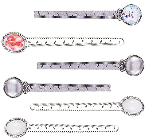 SUNNYCLUE 12 Stück 3 Stile Lineal Lesezeichen Anhänger Tablett Set Runde Lesezeichen Cabochon Fassung blanko mit klarem gewölbtem Glas Cabochon für DIY Legierung Lesezeichen Machen, Antiksilber