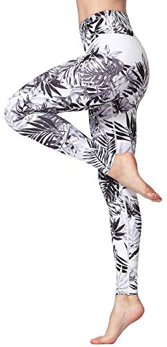 FLYILY Frauen Yoga Pants Gedruckt hohe Taillen-Power Flex Capris Workout Gamaschen für Fitness Laufen(WhiteLeaf,XL)