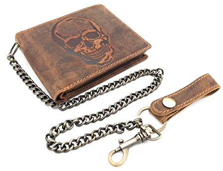 Jockey Club echt Leder Biker Geldbörse quer Hunterleder Portemonnaie Totenkopf Schädel Skull mit 50cm Kette & RFID Schutz