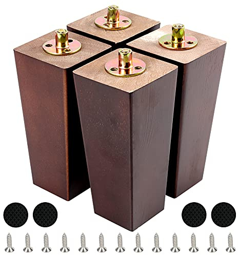 Vierkantige Möbelbeine aus Holz 4er-Set Modernes Sofa Couchbett Kaffeestuhl Schreibtisch Tischfüße Beine Nussbaum mit vorgebohrten 5/16 Zoll Bolzen & Schrauben & Gummipads (6 / 15cm, Nussbaum)