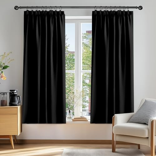 Deconovo Vorhang Blickdicht Kräuselband Gardinen Kinderzimmer Thermogardine Kälteschutz, 138x132 cm(HöhexBreite), Schwarz, 2er Set