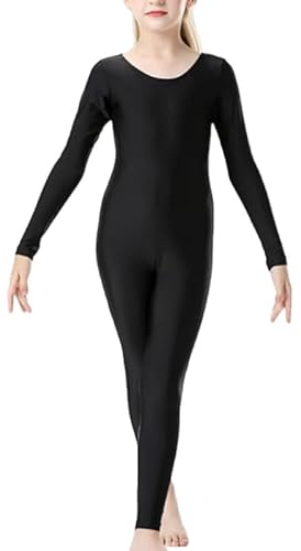 BODYWEAR LTD Damen Mädchen Kinder glänzender Steigbügel-Tanzkostüm Gymnastik Langarm Einteiler Catsuit, Schwarz , 11-12 Jahre
