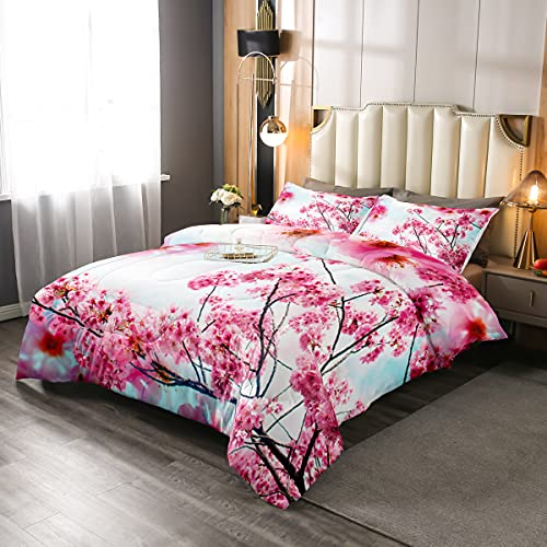 Erosebridal Bettwäsche-Set mit Kirschblütenmotiv, für Doppelbett, japanischer Stil, florales Muster, Bettwäsche-Set für Kinder, Mädchen, Teenager, Erwachsene, romantisches Betttuch