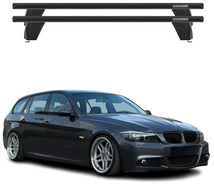 Menabo Dachträger Grundtäger kompatibel mit BMW 3er E90 E91 E92 Limo Touring Coupe 2004-2013 Aluminium 75kg Schwarz 2tlg Fixpunkte für Fahrradträger, Dachboxen, Skiträger Abschließbar