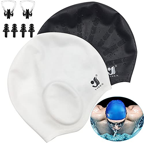 Unisex Swim Caps Ear Protection,2Pack Silicone Swimming Caps for Short/Long Hair with Ear Plugs&Nose Clip,Waterproof Flexible Swimming Hat for Women Men Adults Kids,Easy to Put On and Off,Black+White