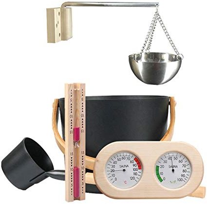 7 L Sauna Komplett Set Hochwertiges Sauna Zubehör, Saunazubehör, Kübel Passender Langstieliger Löffel, Sanduhr, Thermometer/Hygrometer-Set Sauna-Alu-Eimer-Set