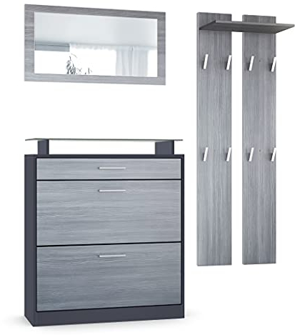 Vladon Garderoben-Set Loret Mini, Schuhschrank 89 x 104 x 23 cm für bis zu 16 Paar Schuhe inkl. Spiegel, 2 Wandpaneele, Anthrazit matt & Avola-Anthrazit