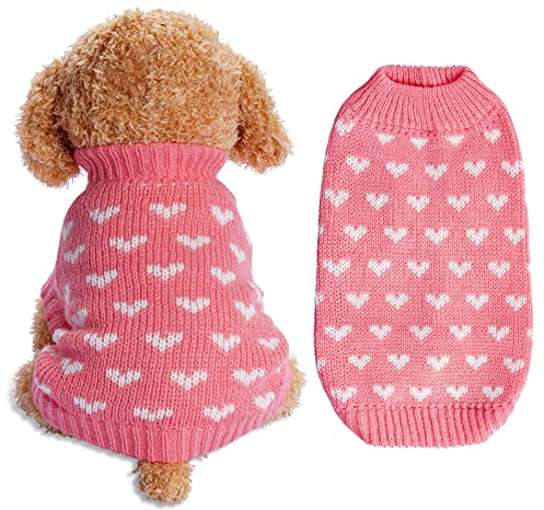 Dxhycc Dog Knitted Sweater Heart Puppy Sweater Warm Soft Pet Holiday Clothes for Small Cats and Dogs (Pink, S)