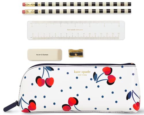 kate spade new york Federmäppchen mit Bürobedarf, Reißverschlusstasche inklusive 2 Bleistiften, Spitzer, Radiergummi und Lineal, Vintage Cherry Dot