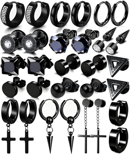 15 Pairs Earrings for Men, Black Stainless Steel Earrings Stud Kit for Men Women Fashion Piercing Jewelry Cross Dangle Hoop Earrings Set