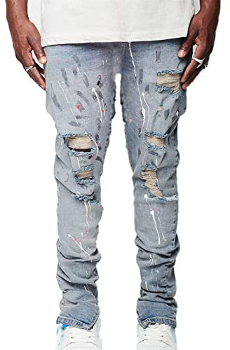 EACH WOMEN Men's Splatter Paint Jeans Ripped Straight Leg Denim Jean Trousers Slim Fit Feet with Zipper Denim Long Pants