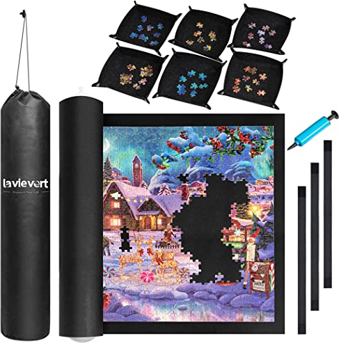 Lavievert Jigsaw Puzzle Mat Roll Up with 6 Sorting Trays, Portable Jigsaw Storage Puzzle Saver with Drawstring Closure Storage Bag & Hand Pump for Games Up to 2000 Pieces