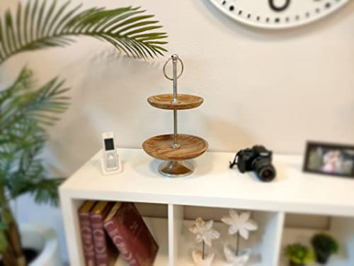 DARO DEKO Metall und Holz Etagere 2 Etagen Silber braun 25 x 43cm Essen Anrichten Präsentieren Dekorieren Obstschale
