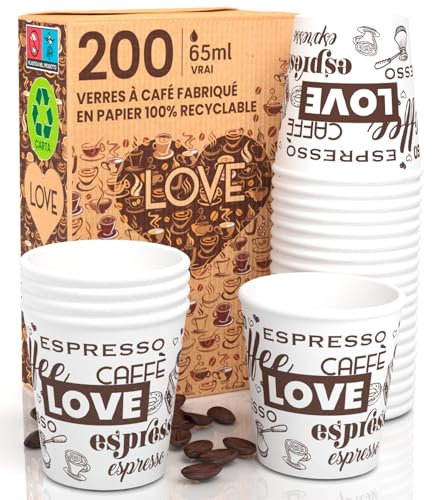 Eurocali 200 Petits Gobelets en Papier 65ml Mini Gobelets Jetables Biodégradables Écologiques Design LoveWhiteCUP - Tasses en Carton Résistant à la Chaleur pour Café Italien