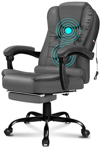 ELFORDSON Massage Office Chair with Footrest 2 Points Vibration, Office Desk Chairs for Heavy People, Reclining Chairs Ergonomic Executive Chair, Height Adjustable, 360° Swivel, PU Leather, Grey