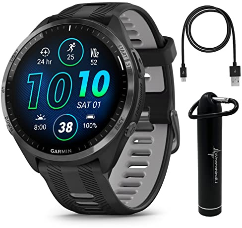 Wearable4U Garmin Forerunner 965 Premium GPS Running and Triathlon 47mm Smartwatch with AMOLED Touchscreen Display, Carbon Gray DLC Titanium Bezel Black Silicone Band E-Bank Bundle, Black +E-bank