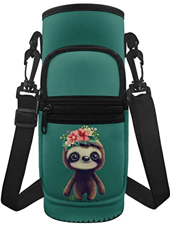 chaqlin Bolsas de transporte para botellas de agua con estampado de perezoso para niños y niñas, funda de neopreno portátil, bolsa de botella de agua deportiva, bolsa de transporte con bolsillo para
