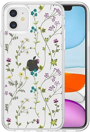 RALEAVO Clear Floral Case Compatible with iPhone 12 (6.1”), Shockproof Silicone Transparent Case Cover with Cute Flower Protective Bumper Case for iPhone 12-Clear