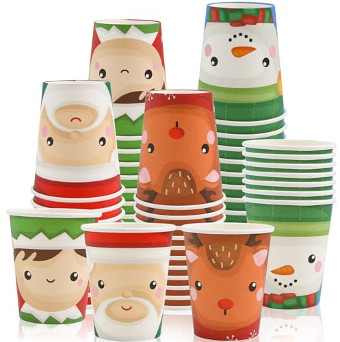 ceiba tree Christmas Paper Cups Xmas Disposable Party Coffee Cups Santa Elf Snowman Christmas Cups 9 Oz Drinking Tea Cups Holiday Party Decorations 48Pcs