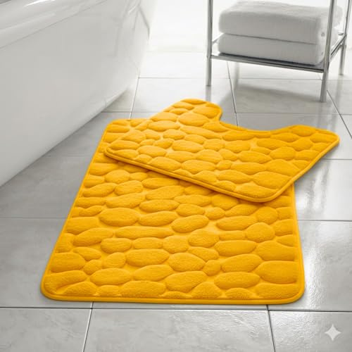 Kampala Hill HomeSpace Direct Pebbles Non- Slip Memory Foam Bath Mat/Toilet Mat Set Ochre