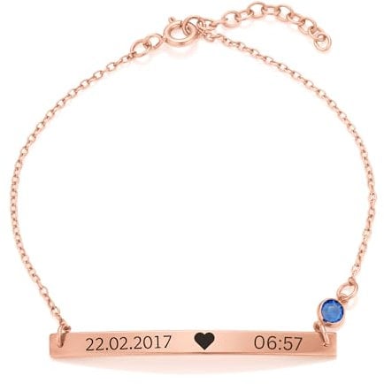Personalised Name Bar Birthstone Bracelet - Solid 925 Sterling Silver - Custom Gift for Her - Handmade Charm Jewellery (18K Rose Gold)