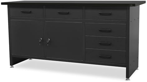 Jan Nowak Werkbank mit Arbeitsplatte Werktisch mit 6 Schubladen 2 Schließfächer Verstellbare Füße MDF-Arbeitsplatte Belastbar bis 500 kg Metall 170 cm x 60 cm x 85 cm (Schwarz/Schwarz)