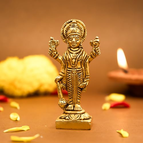 Ekhasa 100 % reines Messing Lord Vishnu Idol | Vishnu Bhagwan Murti für Auto-Armaturenbrett, Pooja-Zimmer, Heimdekoration und Büroschreibtisch | Laxmi Narayan stehendes Idol | Narayan-Statue zum