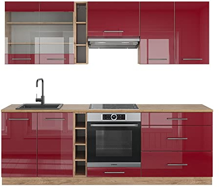 Vicco Küchenzeile Fame-Line, Bordeaux Hochglanz/Goldkraft Eiche, 235 cm, AP Eiche, zur individuellen Erweiterung mit kompatiblen Modulen