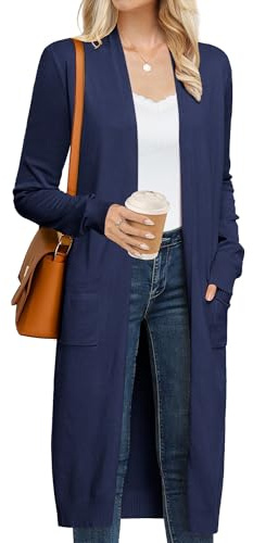 Grace Karin Cardigan Lungo Leggero da Donna 2024, Aperto sul Davanti, a Maniche Lunghe, Maxi spolverino con Tasche, Blu Navy, Small