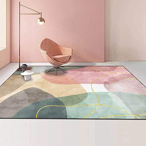 MBJKOAVC Tapis De Grande Taille Tapis De Chambre Et De Salon Fusion Courte Design Moderne Doux Et Durable Lignes Abstraites Aquarelle Rose Vert Jaune, 200 x 300 cm