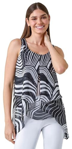 Roman Women Sleeveless Floral Print Chiffon Top Vest Ladies Asymmetric Tropical Blouse Casual Flattering Overlay Light Long Summer Holiday Evening Special Occasion - Black Ivory - Size 12