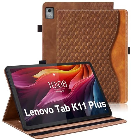 Vkooer Étui pour Lenovo Tab K11 11 Plus 11,45 pouces 2024 PU Cuir PU Affichage Multi-Angle Folio Housse de Protection avec Poche Avant et Bande de Fixation pour Lenovo Tab K11 11 Plus Marron