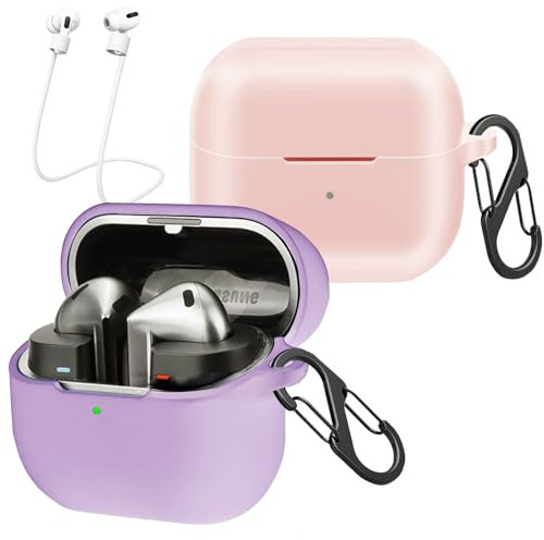 [2-Pack] easyBee Hülle Kompatibel mit Samsung Galaxy Buds3 FE/Buds 3 / Buds 3 Pro, mit 2 Karabiner Anti-Verlust-Gurte, Silikon Case Stoßfest Schutzhülle Bluetooth Kopfhörer Tasche - Lila Rosa