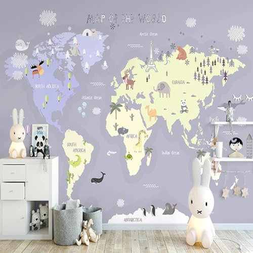 MIXUEXUNLU Papier peint mural 3d dessin animé carte du monde avec animaux, décoration murale de fond intérieur de chambre d'enfant