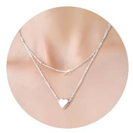 ALEXCRAFT Sterling Silber 925 Ketten Halskette für Damen, Doppel Stapelbare Layering Ketten Verstellbares Silber Halsketten mit Herz Anhänger Multilayer Layered Boho Ketten Schmuck für Damen Frauen