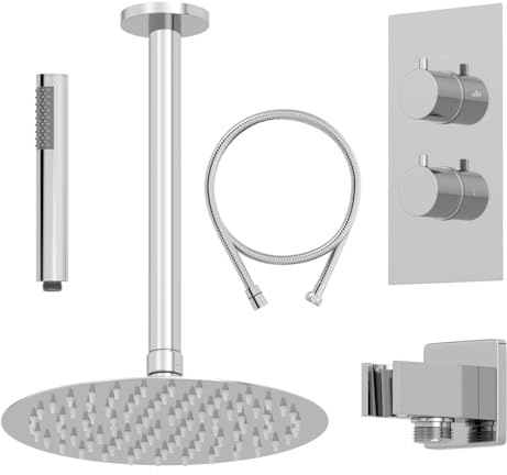 BAYSTONE® Bathroom Thermostatic Mixer Shower with Round Rainfall Drencher Head Handset & Concealed Valve Ceiling Mounted, Polished Chrome