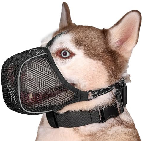 Arblina Hund Maulkorb, Weiches Netz Atmungsaktiv Maulkorb für Kleine, Mittlere, Große Hunde, Anti-Rutsch Verstellbar Maulkörbe mit DREI Riemen & Licht-Reflektierende Einfädeln, Schwarz, L