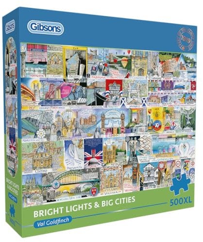 Gibsons Bright Lights & Big Cities 500XL Piece Jigsaw Puzzle Extra Large Piece Jigsaw for Adults | Val Goldfinch Europe Landmarks Sustainable Premium 100% Recycled Board Great Gift Gibsons Games